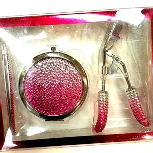 Rhinestone ombre chrome compact, eyelash curler, tweezers Travel set